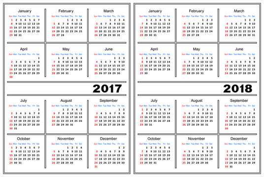 Template of a calendar of white color. A calendar for 2017 and 2018. 