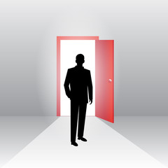 Obraz premium Business concept illustration of a businessman walking into door with bright light.