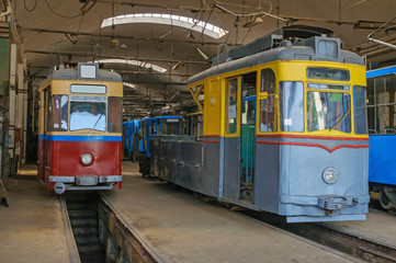 Plakat Tram. The old trams are in depot