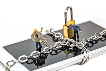 miniature on smart phone with chain lock,abstract background for solution to security smart phone...