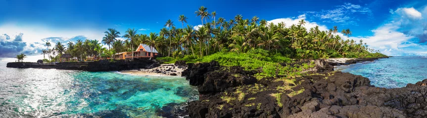 Stickers pour porte Plage tropicale Récif de corail et palmiers du côté sud d& 39 Upolu, îles Samoa