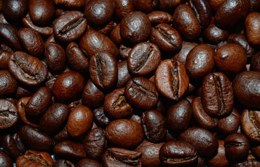 Fresh roasted coffee beans background, texture. Arabica bean wallpaper, close-up.