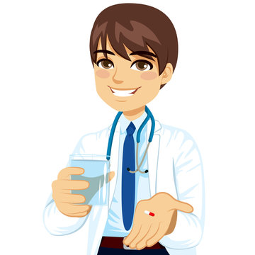 Young confident male doctor offering pill with glass of water