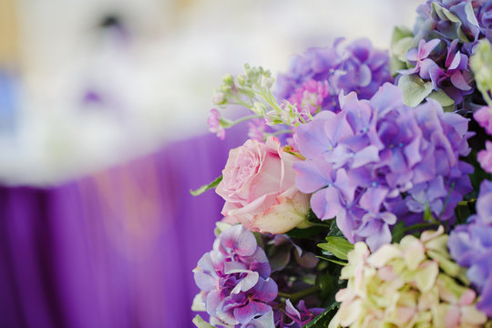 Tender pink rose put in a bouquet of violet lilacs