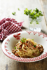 Pasta bolognese with minced meat and tomato sauce