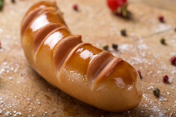Close up of one fried Polish sausage
