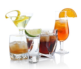 Different drinks on white background