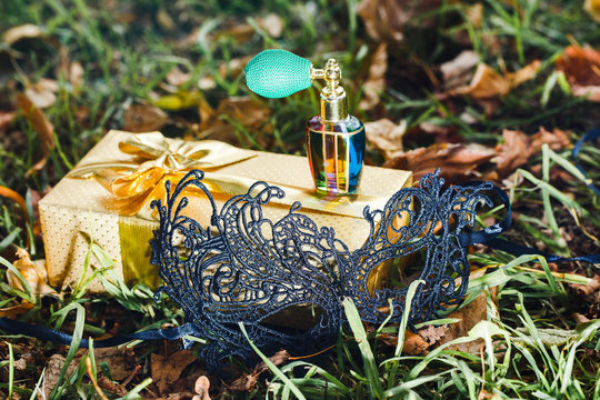 Black carnival mask lies on a present box on which stands a parf