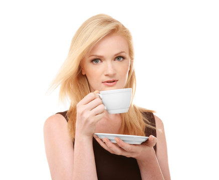 Beautiful girl with cup of coffee, isolated on white