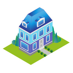 classic house in isometric view with a green lawn and trees.House with landscaping. Vacation home in a classic style with a loft and dormer windows.