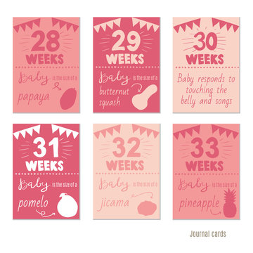pregnancy 28-33 weeks Vector design templates for journal cards, scrapbooking cards, greeting cards, gift cards, patterns, blogging. Planner cards. Cute doodle. Printable templates set.