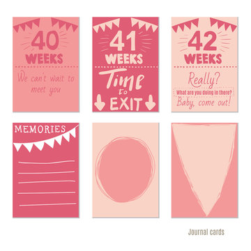 pregnancy 40-42 weeks Vector design templates for journal cards, scrapbooking cards, greeting cards, gift cards, patterns, blogging. Planner cards. Cute doodle. Printable templates set.