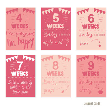 pregnancy 4-9 weeks Vector design templates for journal cards, scrapbooking cards, greeting cards, gift cards, patterns, blogging. Planner cards. Cute doodle. Printable templates set.