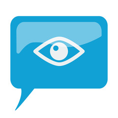 Blue speech bubble with white Eye icon on white background