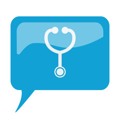 Blue speech bubble with white Stethoscope icon on white backgrou