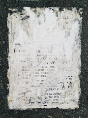closeup shot of old, faded, and torn posters on granite wall