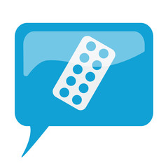 Blue speech bubble with white Tablet Strip icon on white backgro