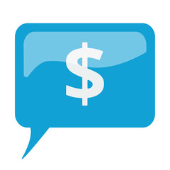 Blue speech bubble with white Dollar icon on white background