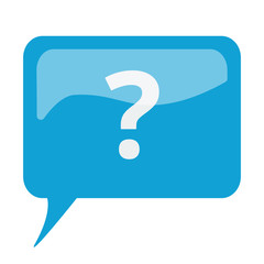 Blue speech bubble with white Question Mark icon on white backgr