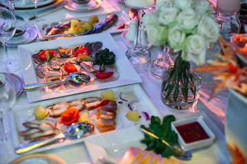 Square plates with salted meet and vegetables stand on the dinne