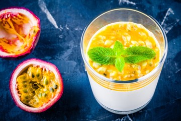 panna cotta dessert with passion fruit and mint