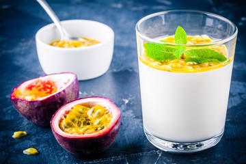 panna cotta dessert with passion fruit and mint