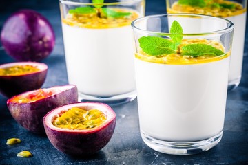 panna cotta dessert with passion fruit and mint