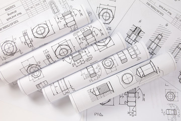 Science, technology and mechanical. Paper drawings of bolts and nuts. Scientific development.