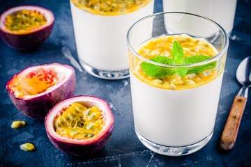 panna cotta dessert with passion fruit and mint
