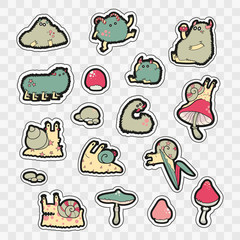 Set of Fashion patch badges with cute monsters and mushrooms.