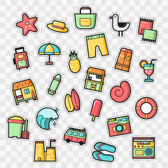 Set of Fashion patch badges with surf and summer elements.