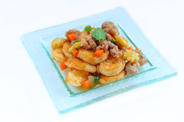 Egg tofu  stir fry with pork and vegetable.