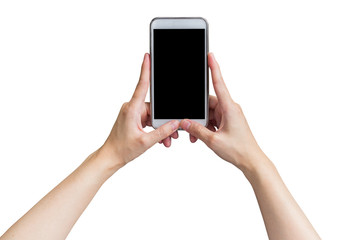Close up hand woman holding phone and touchscreen on isolated