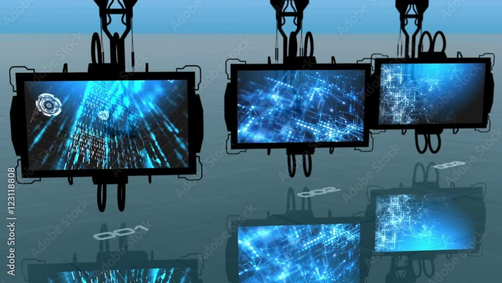 Aufkleber three digital monitors turning slowly and displaying three abstract blue futuristic animations