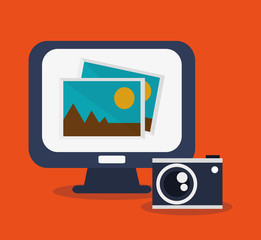 Computer and camera icon. Social media multimedia communcation and digital marketing theme. Colorful design. Vector illustration