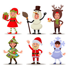 Set of happy children dressed in Christmas costumes. Elf, snowma