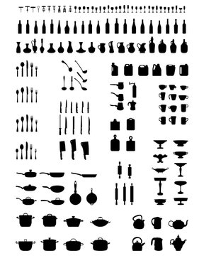 Black silhouettes of kitchenware on a white background, vector