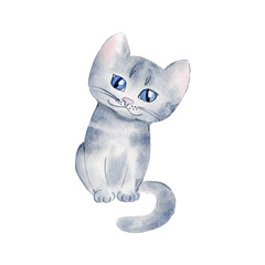 watercolor cartoon grey kitten cat with blue eyes illustration on white