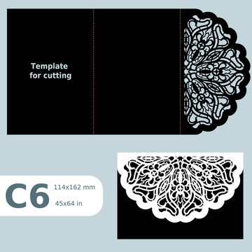 C6 paper openwork greeting card,  wedding invitation, template for cutting, lace invitation, card with fold lines, object isolated background, laser cut template, vector illustration