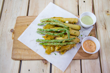 Vegetable Fried Tempura on wood block, Japanese Food