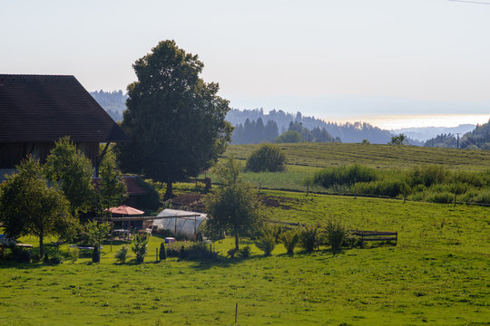 Blick auf den Bodensee von Lindenberg aus, mit Bauerngeh&ouml;ft