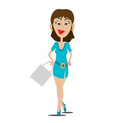 girl model smiling, standing holding a bag. vector illustration of cartoon