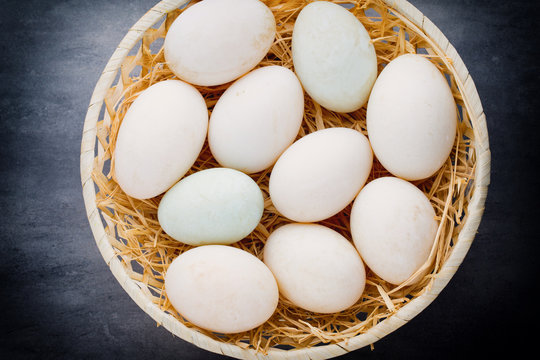  Duck eggs on a cage gray background.