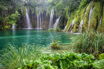 Croatia Waterfall of Plitvice lake, natural travel background, 