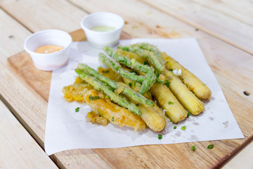 Vegetable Fried Tempura on wood block, Japanese Food