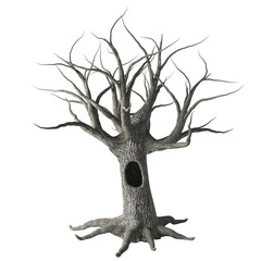 Dead Halloween tree with hollow trunk, long bare brunches and roots, isolated on white background. 3D illustration.