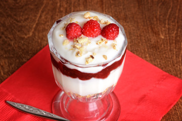 closeup raspberry parfait with granola