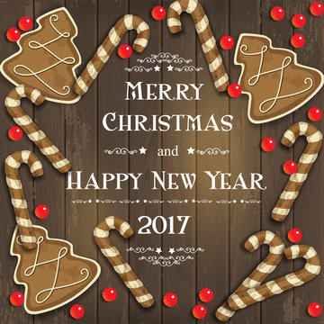 Vector Christmas background with festive gingerbread, beads and an inscription on a wooden background