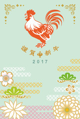 2017年 酉年年賀状　雄鶏と花の装飾