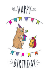 Happy birthday card with bear and hedgehog characters.